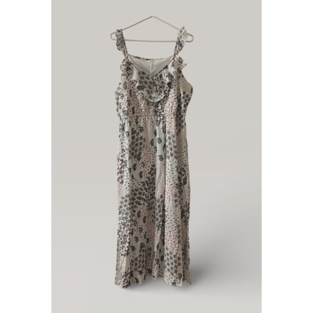 Maurices Womens Floral Paisley Patchwork Maxi Dress Ruffle V-Neck Boho White L - Picture 1 of 12
